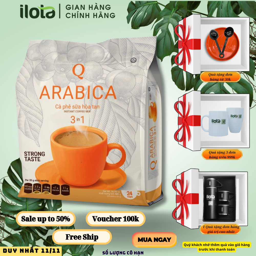 Cà phê Hòa tan 3in1 Arabica cafe sữa uống liền (bịch 24 gói x 20gr) ca phe Trần Quang Việt Nam Coffee