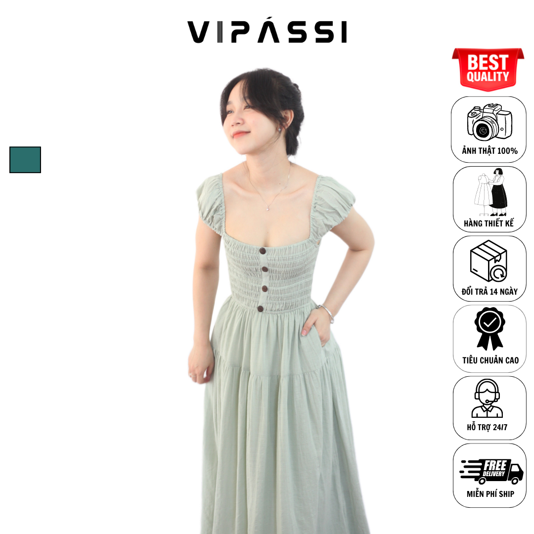VIPÁSSI Đầm Linen Cộc Tay Dáng Dài Trễ Vai Nhún Thun Smocking Tùng Xòe Màu Xanh Bạc Hà