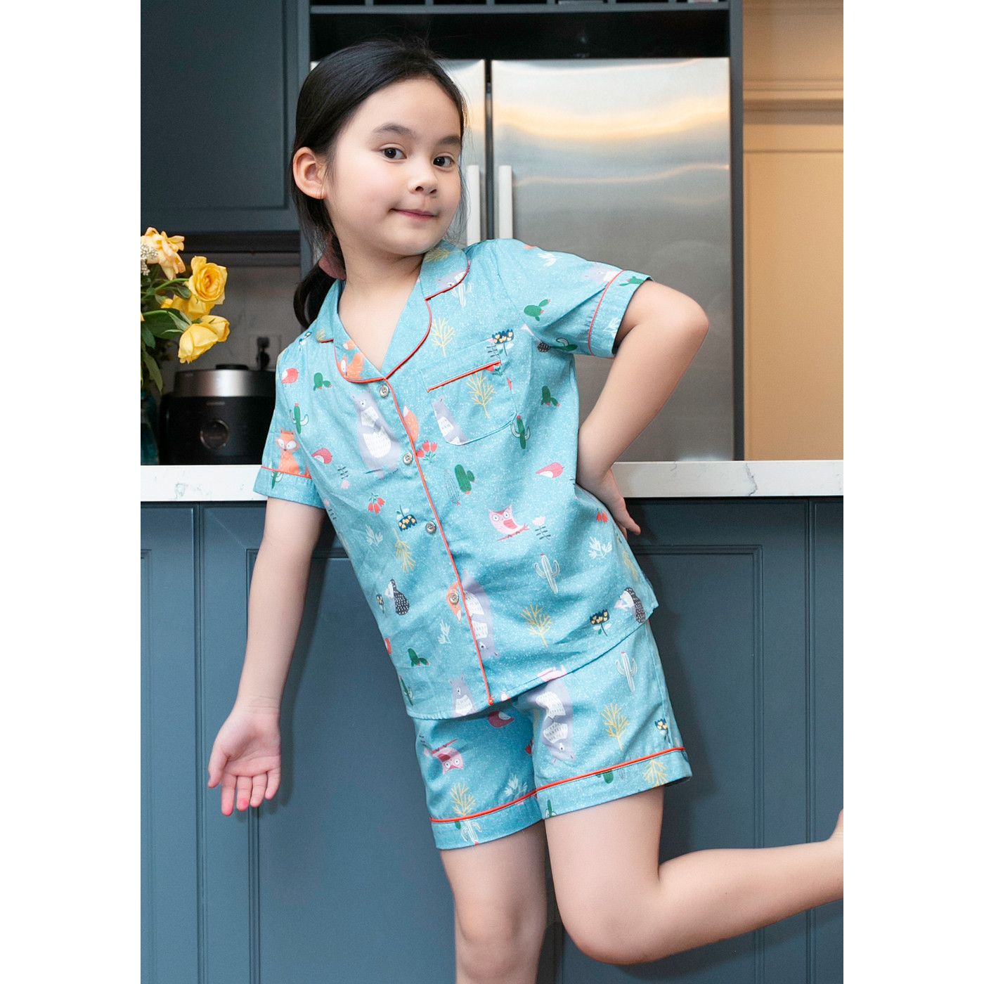 Pijama bé gái áo cộc quần đùi màu xanh hình còn cú mèo