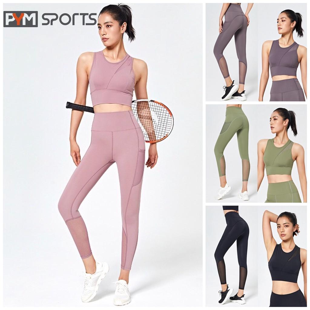 Set bộ đồ tập gym - tập yoga gồm bra và quần legging pha lưới PYMS008