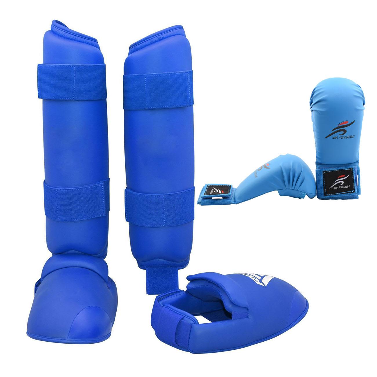 Taekwondo đồng phục karate sparring thiết lập chân tay bảo vệ shin bảo vệ bàn tay găng tay giày tất Color: Blue Gloves Size: S Height 130-150CM