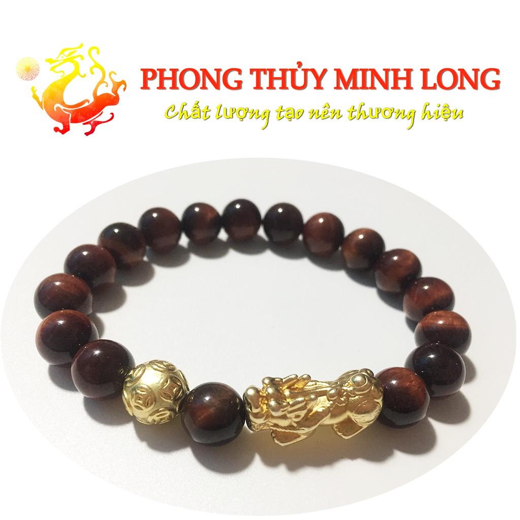 Vòng tay đá mắt hổ Đỏ Nâu 5A mix Tỳ Hưu và 1 hạt kim tiền hợp mệnh Hỏa và Thổ