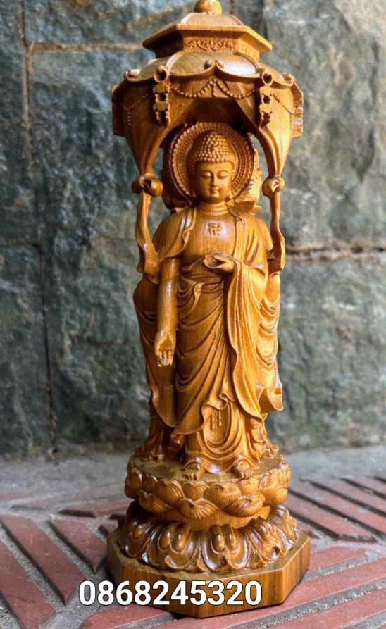 Tượng tam thánh phật bằng gỗ bách xanh khắc 3 mặt cao 20×7×7cm 
