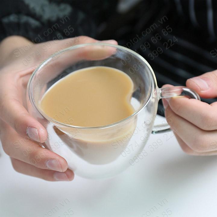 Ly tách thủy tinh 2 lớp hình trái tim, dùng uống cà phê, trà, sữa, loại 180ml-240ml tùy chọn
