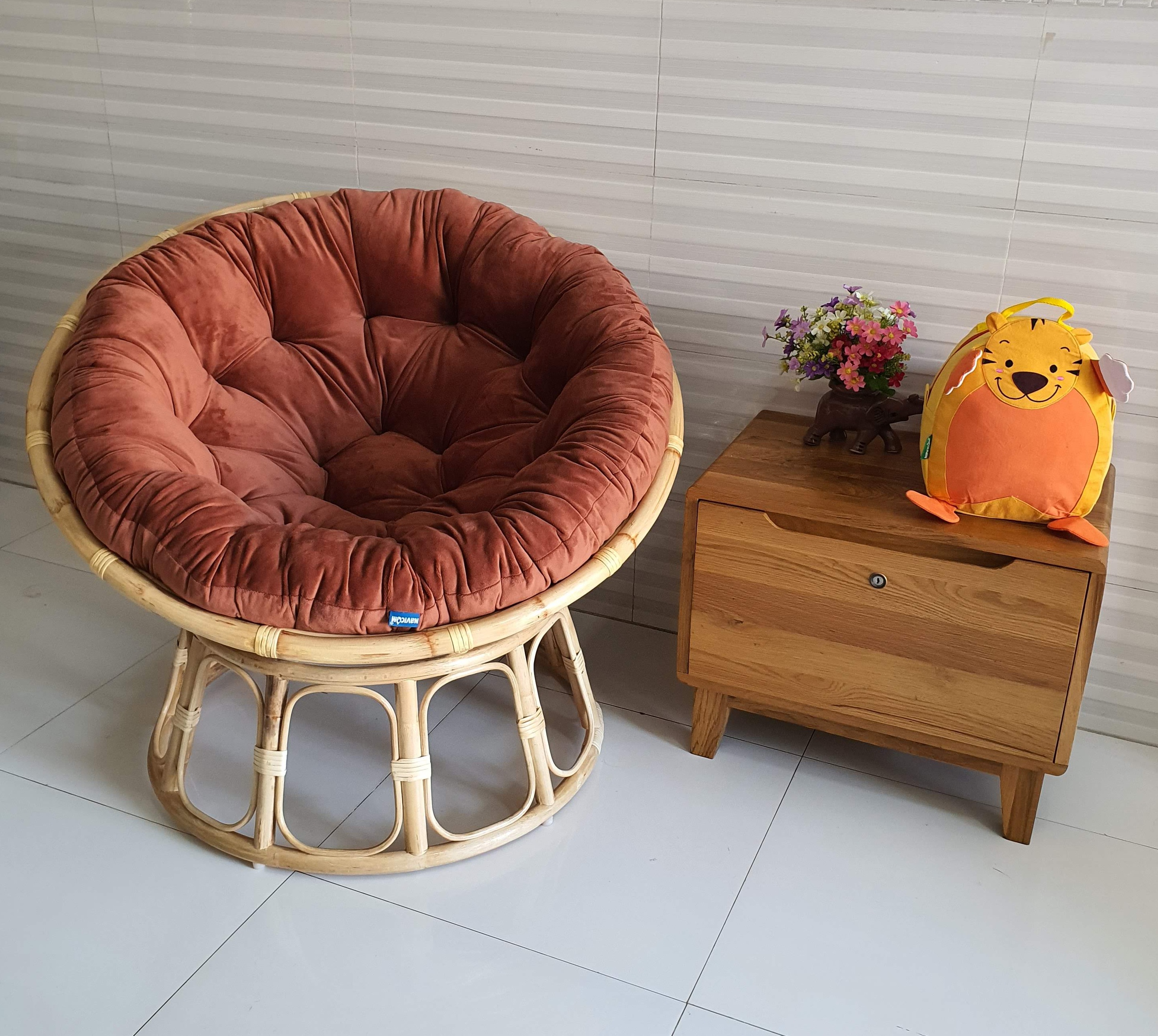 Bộ ghế thư giãn papasan + đôn ( vải nhung màu cam đất)