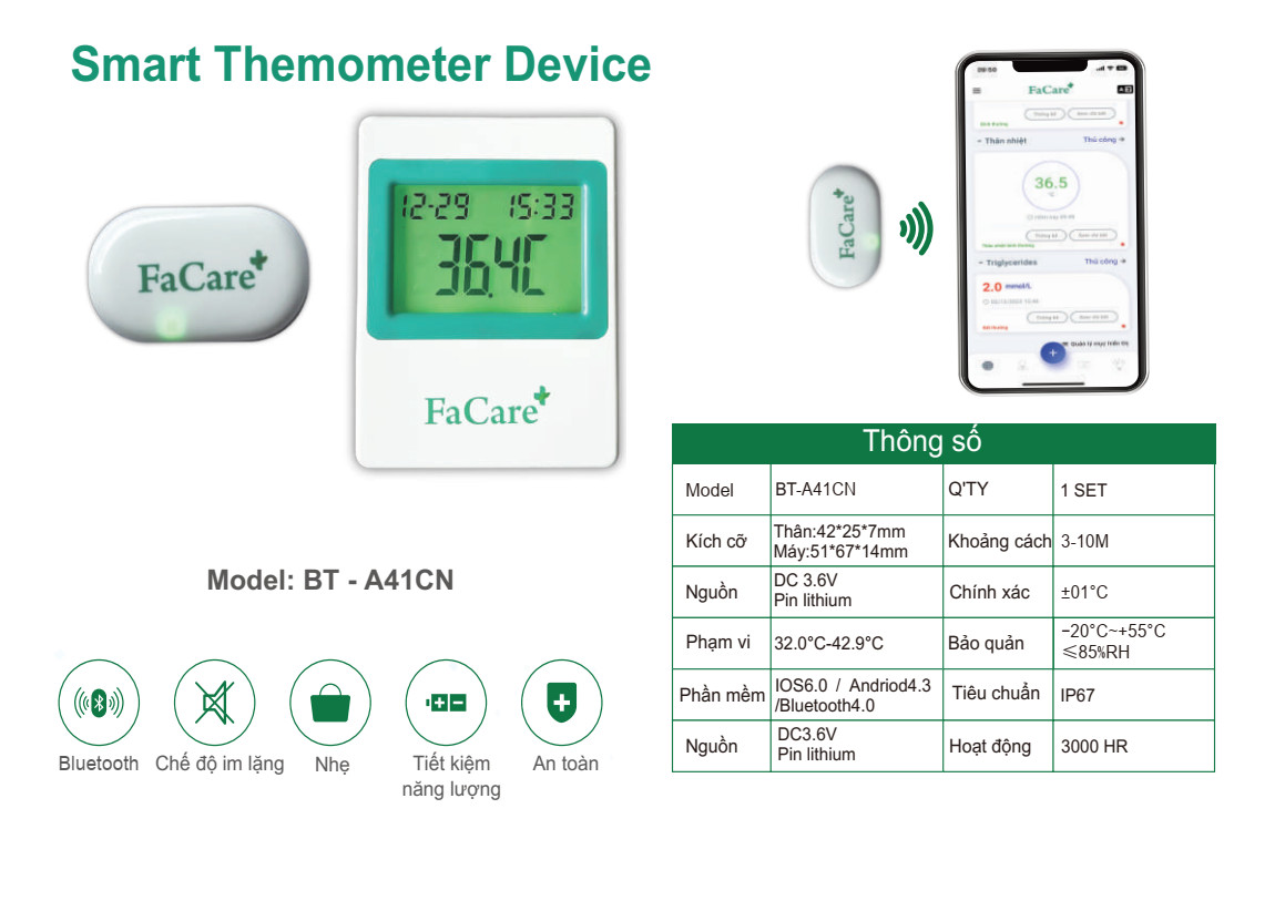 Nhiệt kế theo dõi liên tục FaCare BT -  A41CN