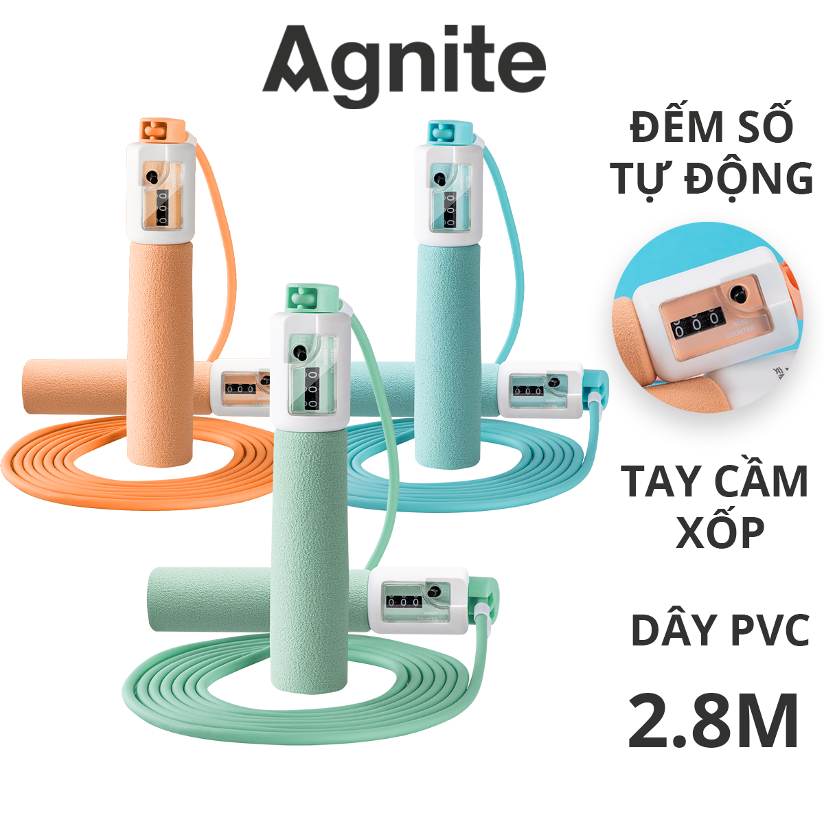 Dây nhảy thể dục lõi thép, dây PVC đếm số tự động Agnite - dây nhảy tại nhà hỗ trợ giảm cân, tập luyện tại nhà, boxing, muaythai