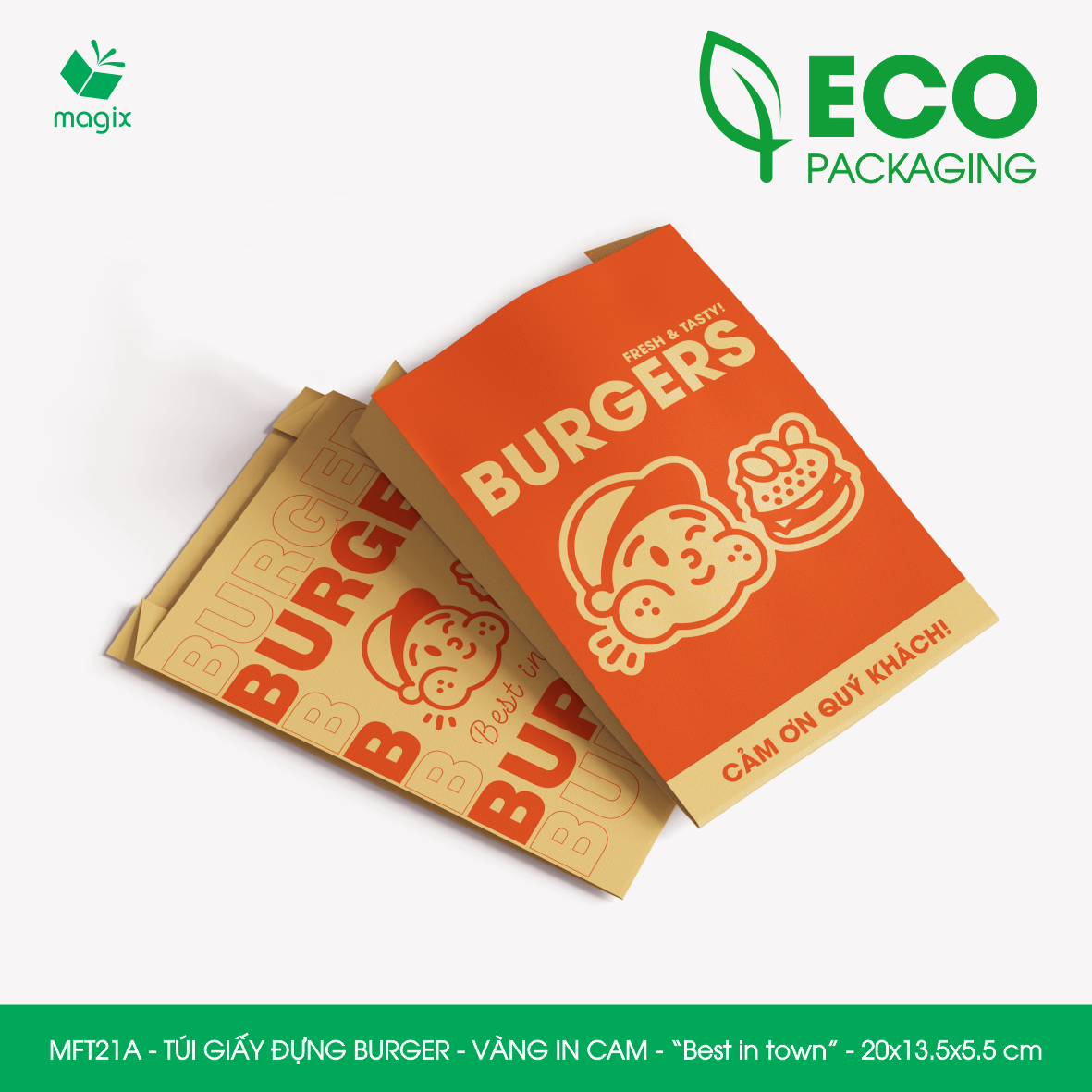 MFT21A - 20x13.5x5.5 cm - 100 Túi giấy Kraft đựng hamburger, túi giấy burger, túi đựng thực phẩm