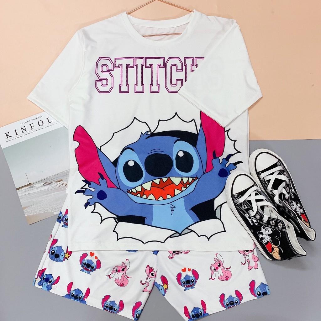 Set đồ bộ mặc nhà nữ thun cotton in 3D STITCHS dễ thương, bộ đồ ngủ nữ