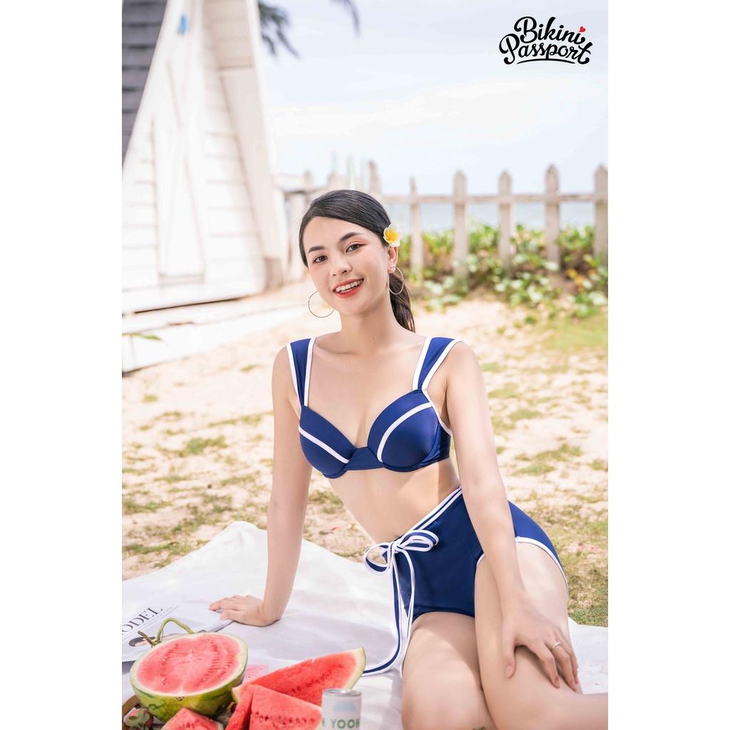 Đồ bơi Nữ BIKINI PASSPORT kiểu Bikini hai mảnh lưng cao áo gọng, phối đường cách điệu - Xanh navy - BS419_NV