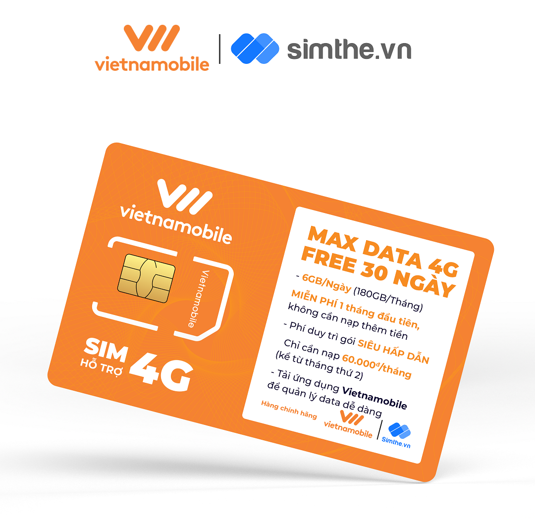 [FREE 1 Tháng] Sim MAX DATA 4G VIETNAMOBILE 6GB/Ngày - 180GB/Tháng. Sản Phẩm Độc Quyền VIETNAMOBILE - SIMTHE.VN. Dùng Trên Toàn Quốc - Hàng Chính Hãng