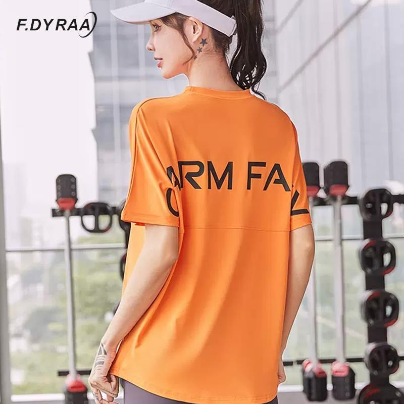 F. DYRAA Nữ Áo Thun Thể Thao Cổ Tròn Dáng Rộng Áo Sơ Mi Lưng In Chữ Thể Thao Áo Tập Chạy Tee Color: Orange Size: XL