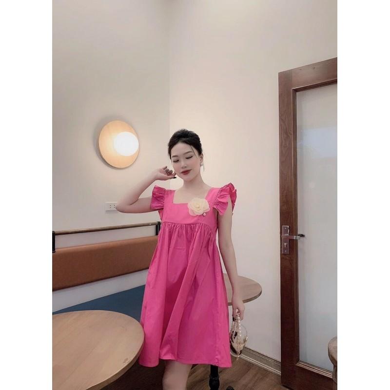 Đầm baby doll tay cánh tiên cổ vuông cài bông ngực xinh lung linh kèm hình thật