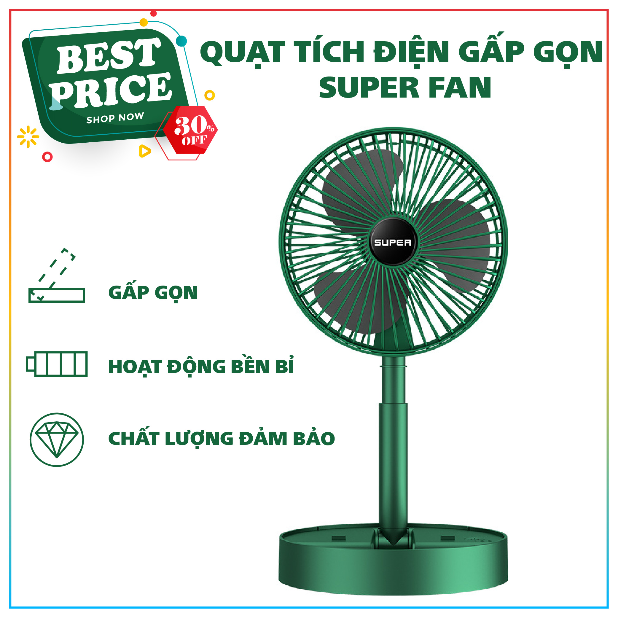 Quạt Mini Tích Điện Để Bàn Super Fan Gấp Gọn Tiện Dụng 3 Cấp Độ Sạc Usb