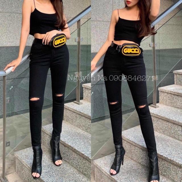 QUẦN JEANS Skinny ĐEN ôm RÁCH GỐI - chất mềm giãn