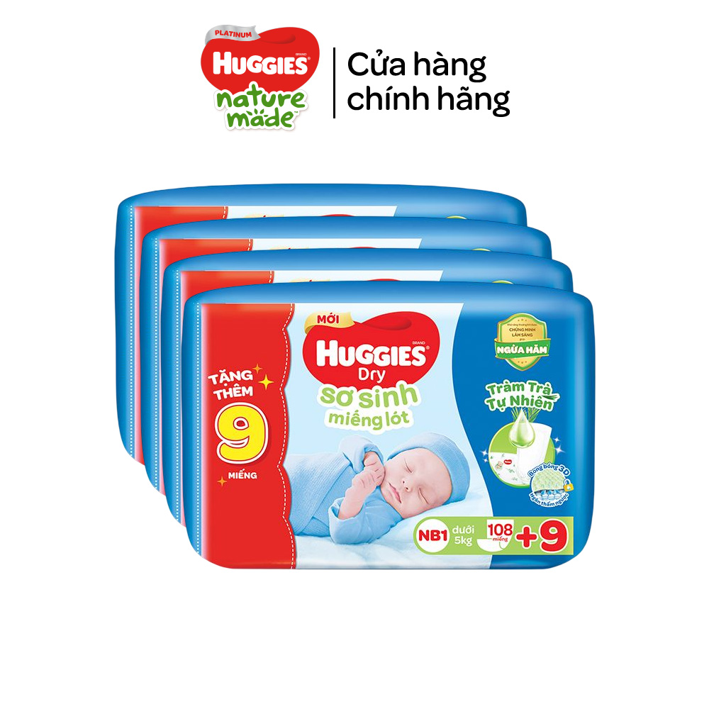 [Tặng 36 miếng NB1] Thùng 4 gói  Miếng lót Sơ Sinh Huggies Tràm Trà NB1 108 miếng