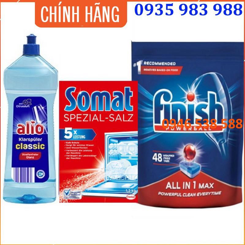 Combo viên rửa bát chén finish 48 viên + muối rửa bát Somat 1.2kg + Nước làm bóng alio 1 lít dùng