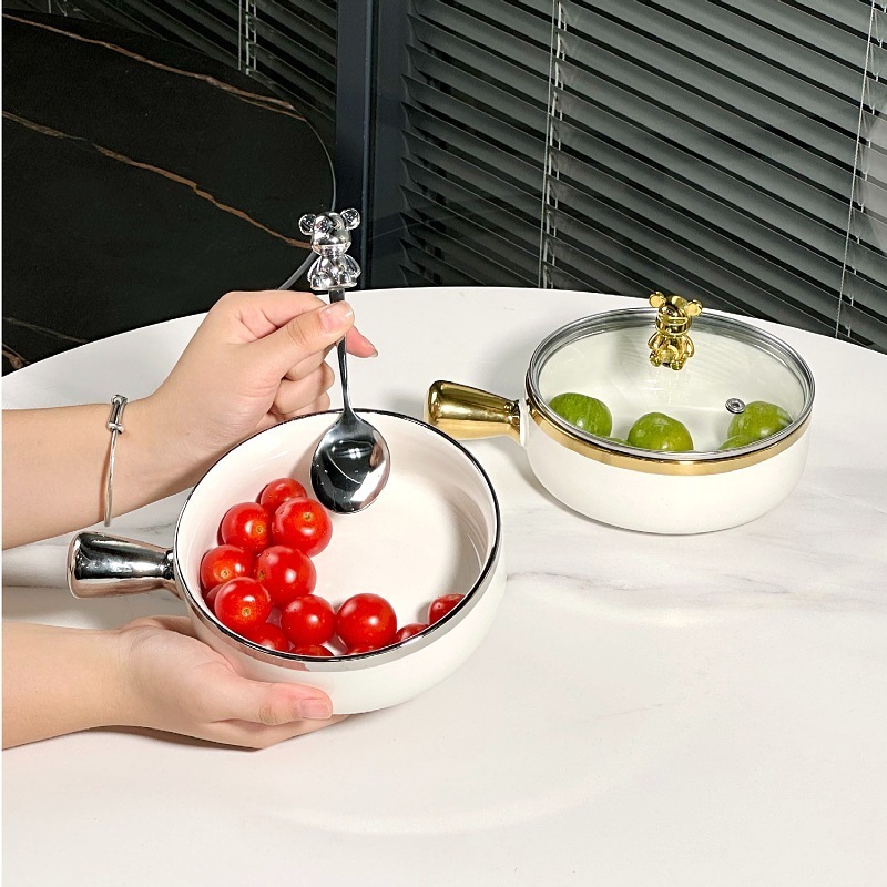 Bát Sứ Có Tay Cầm Có Nắp Đậy Hình Gấu Decor Thố Tròn Phong Cách Bắc Âu, Tô Bát Gấu Sứ Có Tay Cầm Decor Kèm Muỗng Nĩa