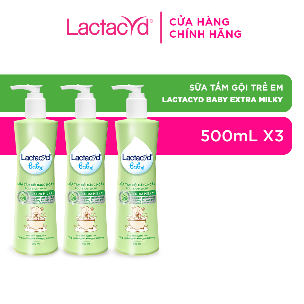 Bộ 3 chai Sữa Tắm Gội Trẻ Em Lactacyd Baby Extra Milky Làm Sạch Dịu Nhẹ và Dưỡng Ẩm Vượt Trội 500ml/chai