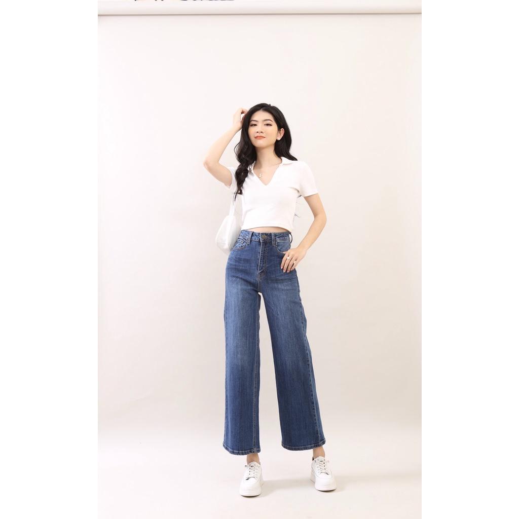 Quần Jean Nữ Ống Rộng cạp cao co giãn cơ bản Trơn Gấu Thường CT JEANS