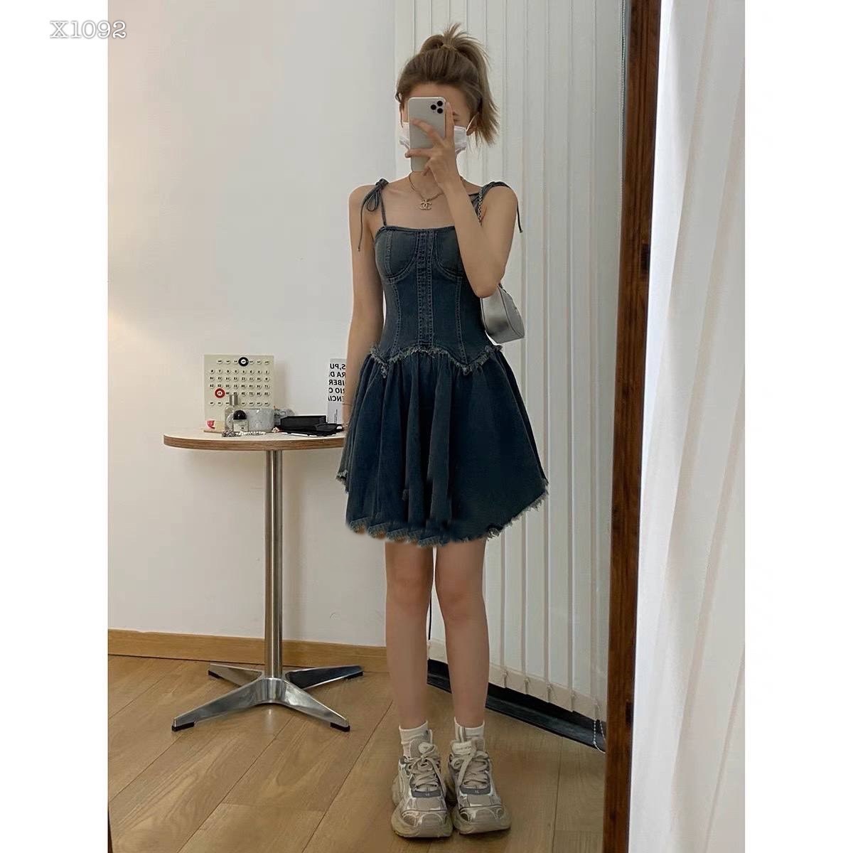 ĐẦM 2 DÂY XÒE NGẮN MIDI CỔ U SUÔNG JEANS VÁY XẾP LY TENNIS DENIM TUA RUA ĐI TIỆC ĐI CHƠI DẠO PHỐ ĐI BIỂN