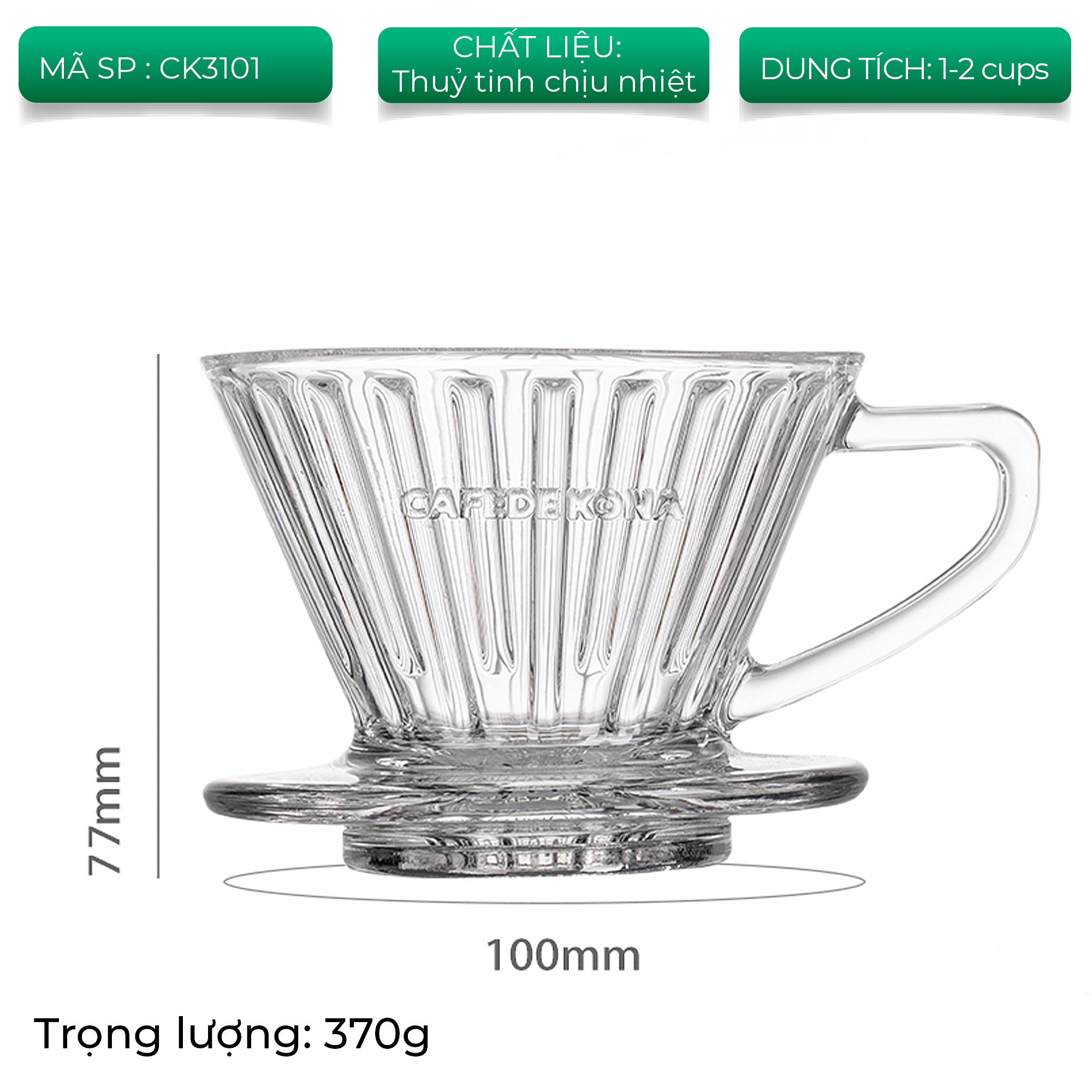 Phễu V60 01 thủy tinh rãnh thẳng CAFEDE KONA