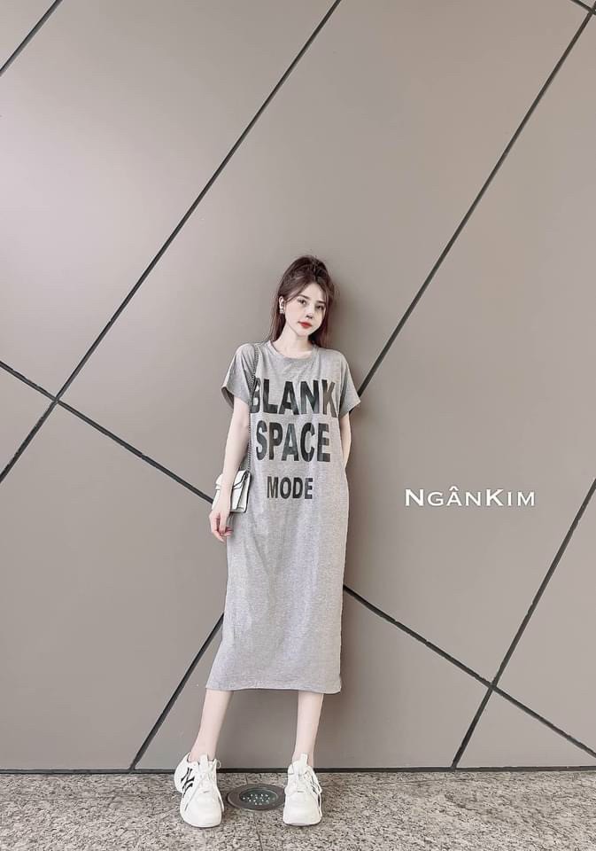 Váy suông - đầm suông nữ cộc tay in chữ blank phom rộng dáng dài