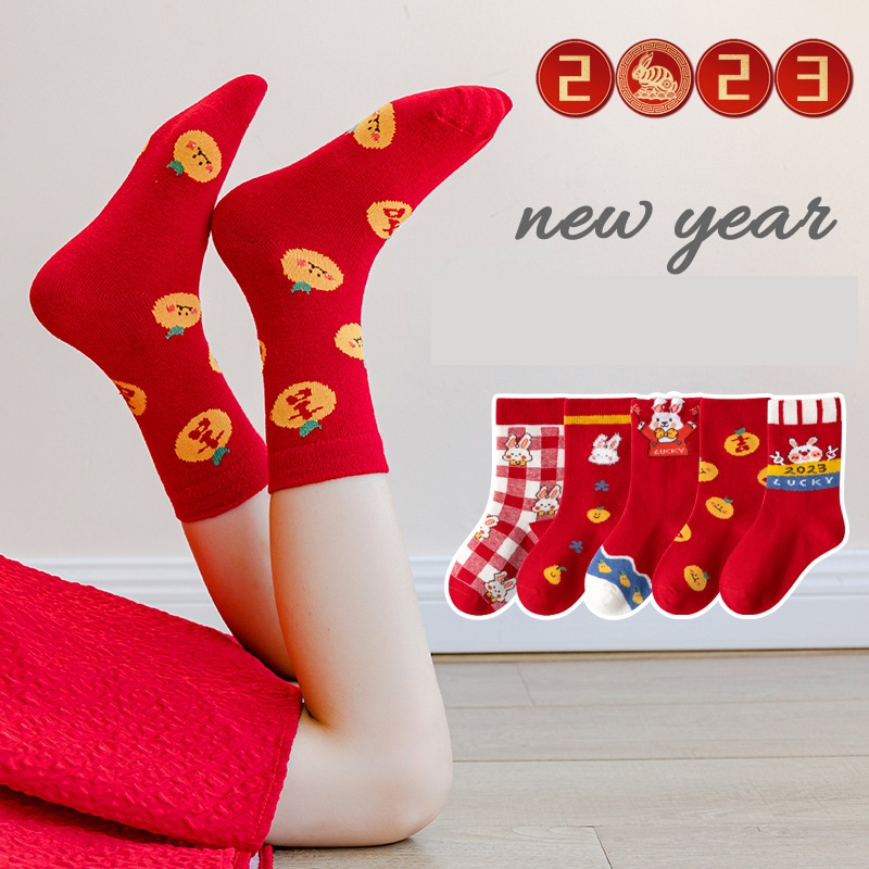 Set 5 Đôi Vớ MINLIU Màu Đỏ Họa Tiết Thỏ Đáng Yêu Cho Bé Gái
