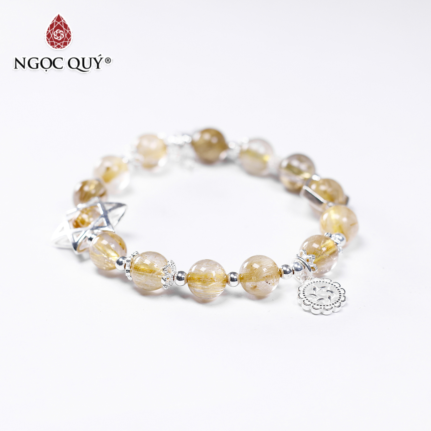 Vòng tay đá thạch anh tóc vàng phối charm ngôi sao size hạt 8mm mệnh thủy, kim - Ngọc Quý Gemstones