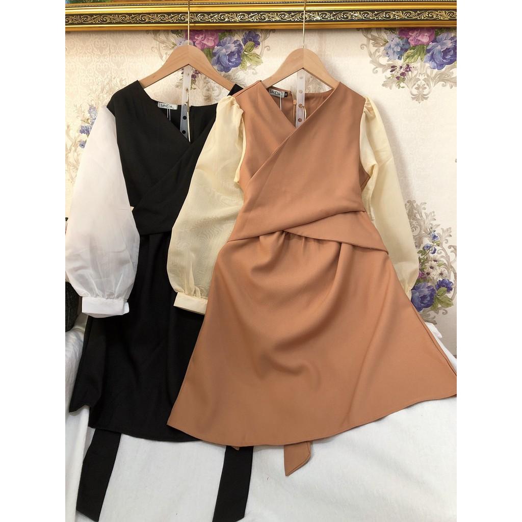 Đầm xòe tay dài cổ đắp chéo tay phối voan đi tiệc cưới, dạo phố cà phê xinh yêu, đẹp cao cấp - V700VDVDVDVD
