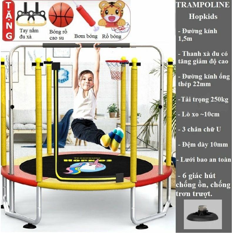 Nhà nhún nhảy cho bé Trampoline Hopkids, bạt nhún quây bóng có xà đơn vận động tăng chiều cao tải trọng 250kg