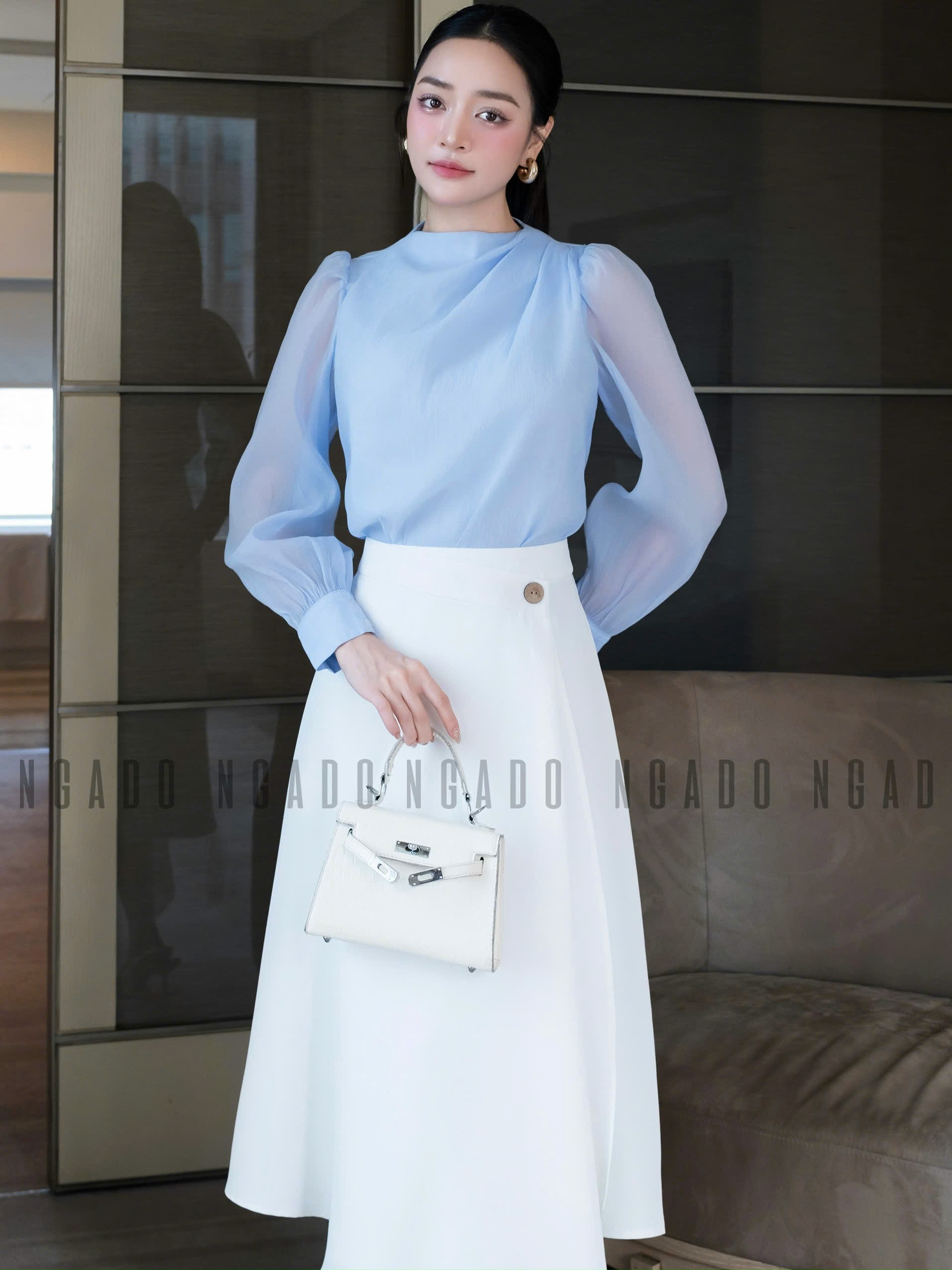 Set áo voan xanh váy trắng NGADO , set áo váy dài , set công sở