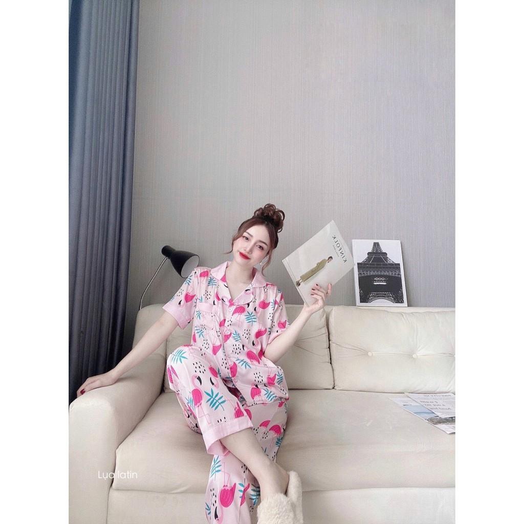 Bộ Pijama Mặc Nhà Nữ Lụa Cao Cấp Kiểu Tay Cộc Quần Dài Họa Tiết Sang Chảnh Dễ Thương