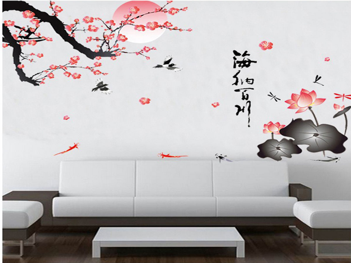 Decal dán tường hoa đào và hoa sen đỏ