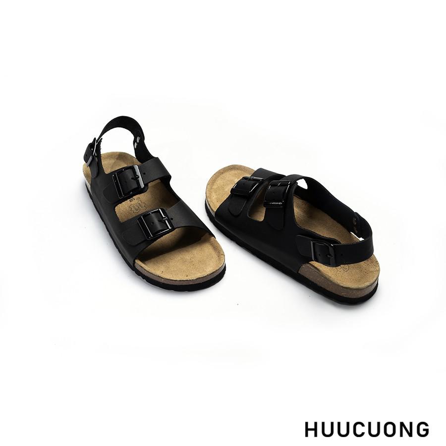 Sandal Unisex HuuCuong 2 khóa da bò đen đế trấu