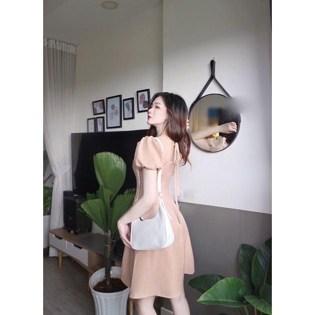 Đầm thiết kế dự tiệc, Váy xòe ngắn Cao Cấp màu nude dáng xòe cổ thuyền, đi tiệc đi chơi, nữ tính quyến rũ - MiNhi