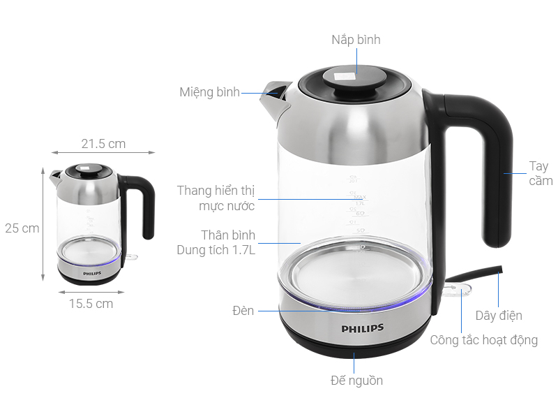 Bình đun siêu tốc Philips HD9339 - 2000W - 1.7 Lít - Hàng Chính Hãng, Bảo Hành Toàn Quốc