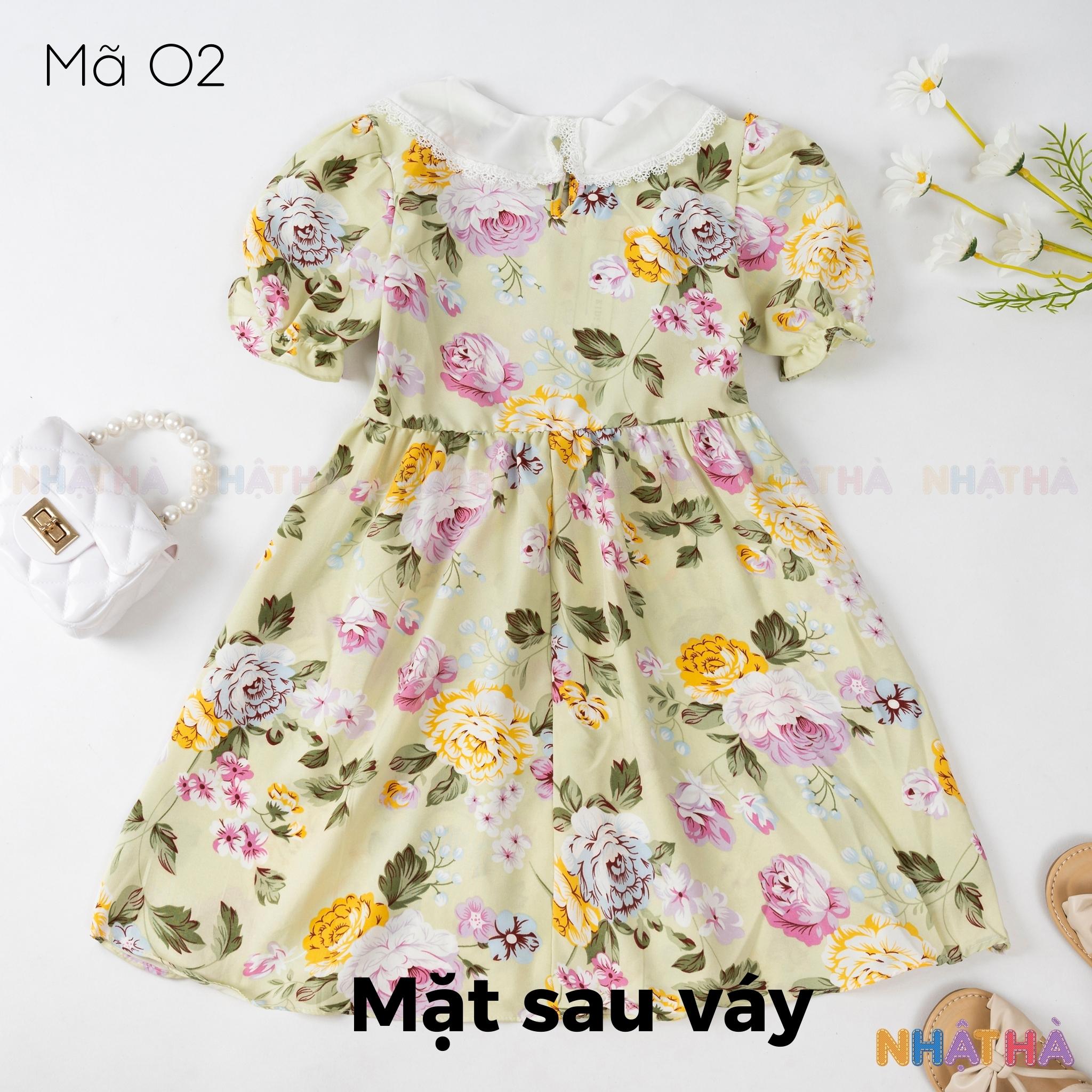 Váy bé gái dáng xòe O2 Chất Lanh Lụa Thoáng Mát Thiết kế cổ sen siêu dễ thương size đại từ 12-45kg