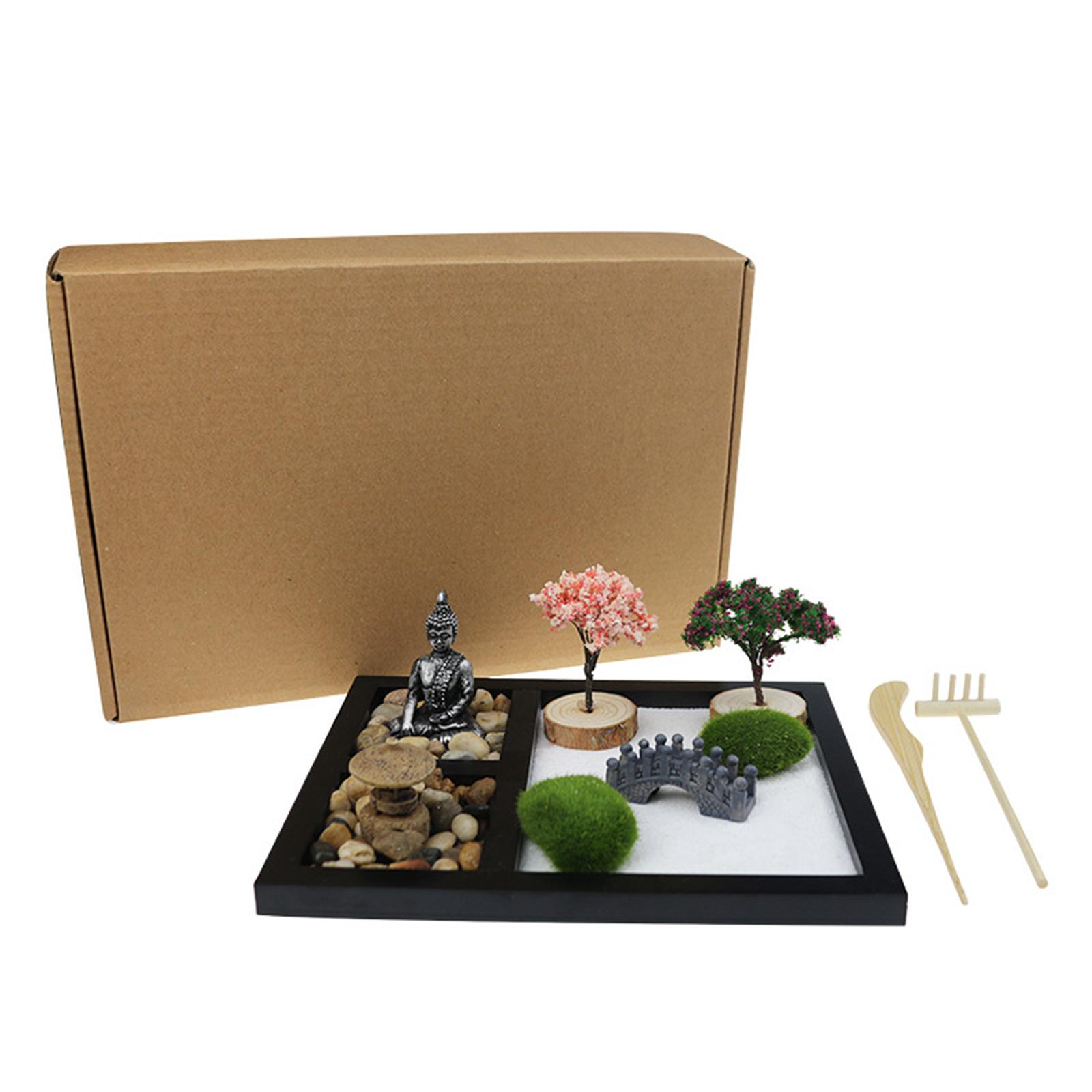 Mini Zen Garden Feng Shui Sand Tray Tree Buddha Statues Stress Relief Home