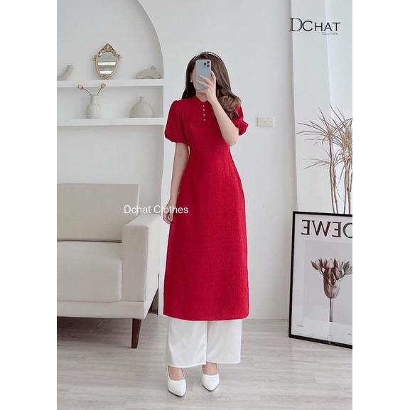 Áo dài cách tân đỏ tay bồng kèm quần lụa mỹ