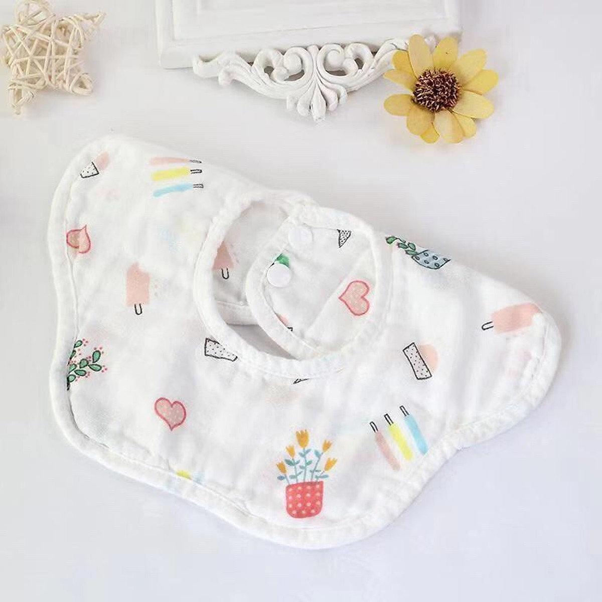 Set 2 Yếm Tròn Vải Xô 6 Lớp Có Nút Bấm Siêu Thấm Hút