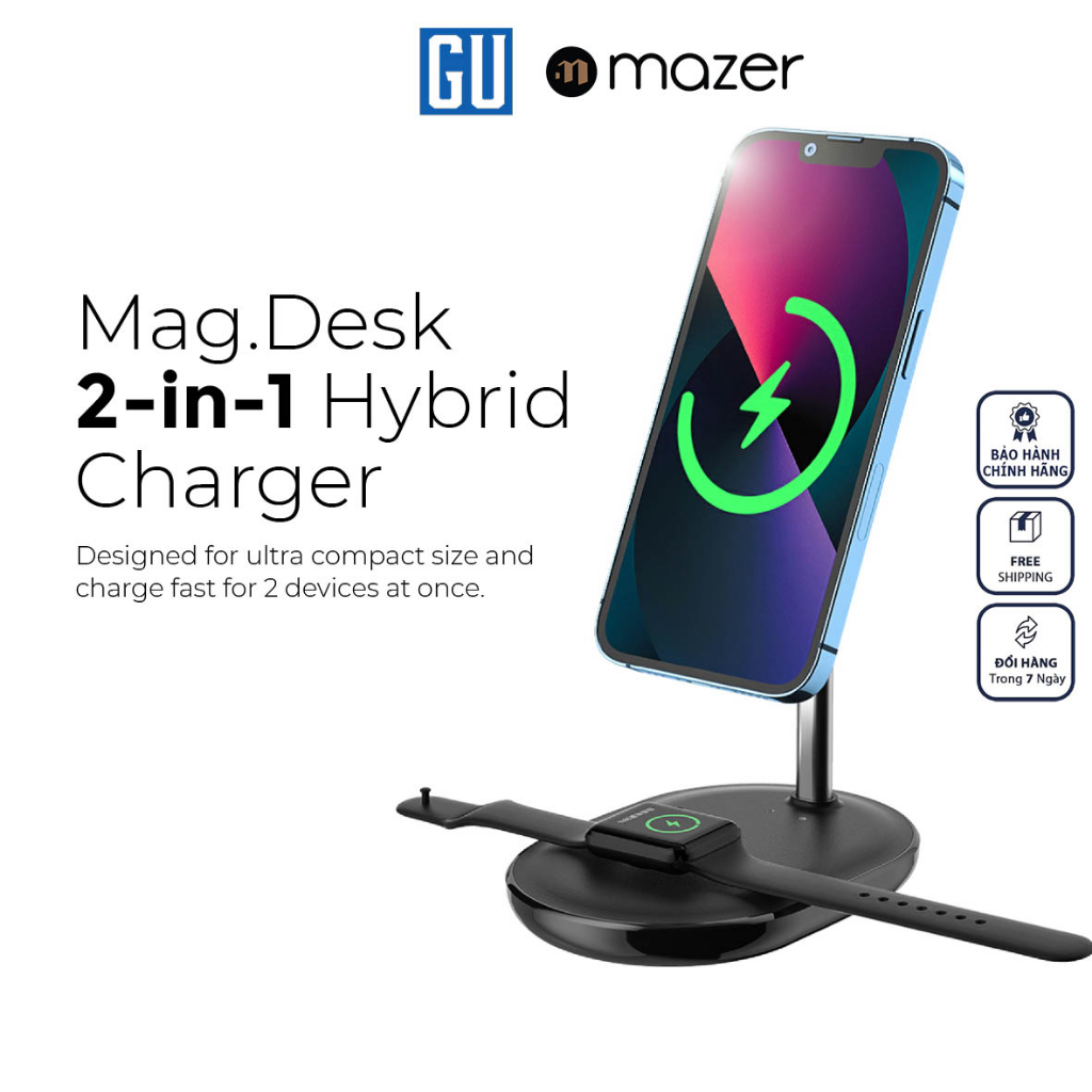 Đế Sạc Không Dây Mazer 2-in-1 Thiết Kế Nhỏ Gọn Sang Trọng Đèn Báo Thông Minh Công Suất Sạc An Toàn Hàng chính hãng