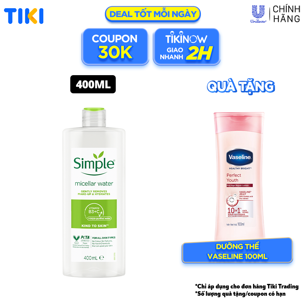 Nước tẩy trang Simple Micellar làm sạch trang điểm vượt trội - không chứa cồn gây khô rát 400ml [CHÍNH HÃNG ĐỘC QUYỀN]