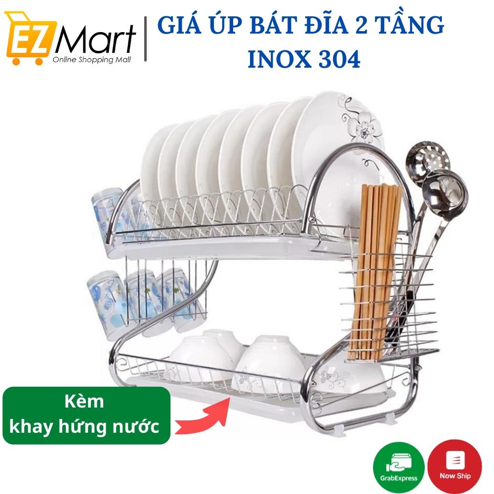 GIÁ ÚP BÁT ĐĨA INOX 2 TẦNG KỆ ÚP đĩa chén inox 304 thông minh, tiện dụng, Có khay hứng nước