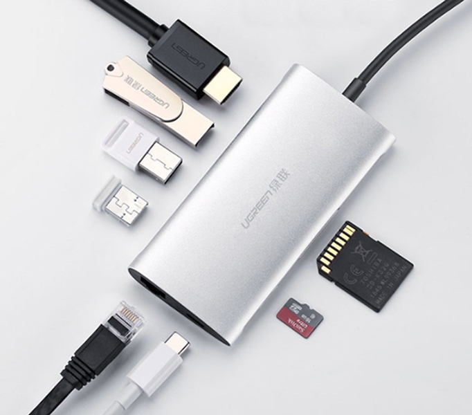 USB-C ra 2*USB3.0+HDMI+RJ45+SD+ Hỗ trợ PD  Ugreen - 50516 Hàng chính hãng