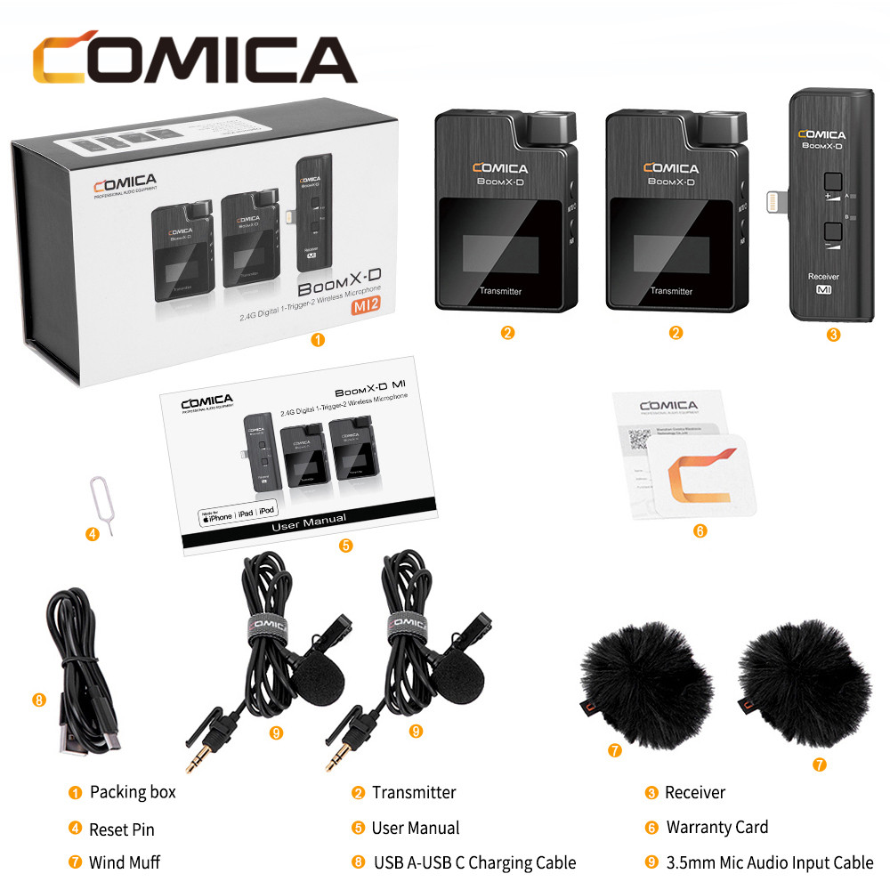 Comica BoomX-D MI2 (1 thu 2 phát) - Micro Không Dây Cổng Lightning Thu Âm Cho Các Thiết Bị iPhone, iPad, iPod - Hàng chính hãng