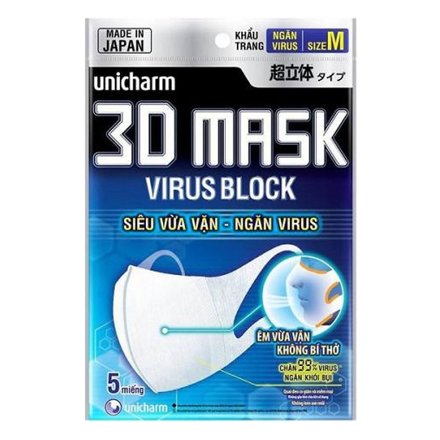 Bộ 5 Gói Khẩu Trang Ngăn Virút Unicharm 3D Mask Virus Block (5 Cái / Gói)