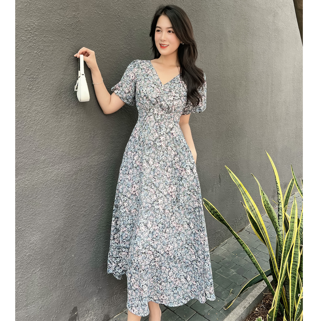 Đầm maxi hoa phối thun eo dễ thương D072-Lady Fashion - Khánh Linh Style