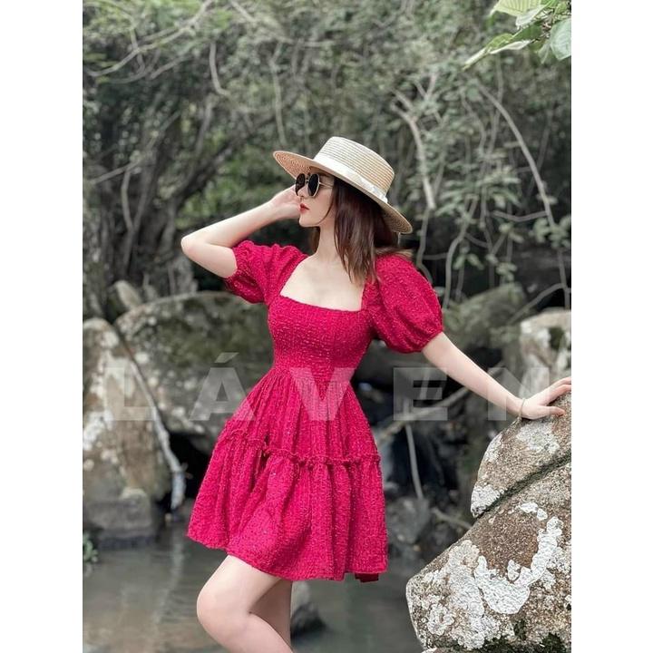 Đầm váy tay phồng dáng xòe nhún xốp xếp tầng thời trang nữ dạo phố, dự tiệc