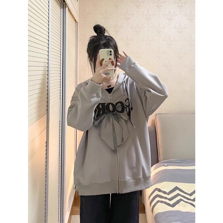 Áo Hoodie Zip Nỉ In Hình Nơ Dáng Rộng